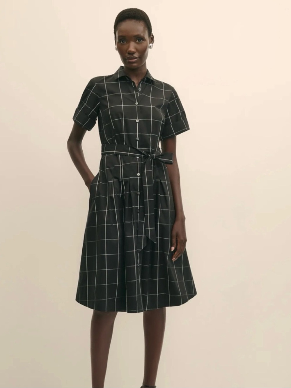 Brooks Brothers Black Windowpane Midi Shirt Dress